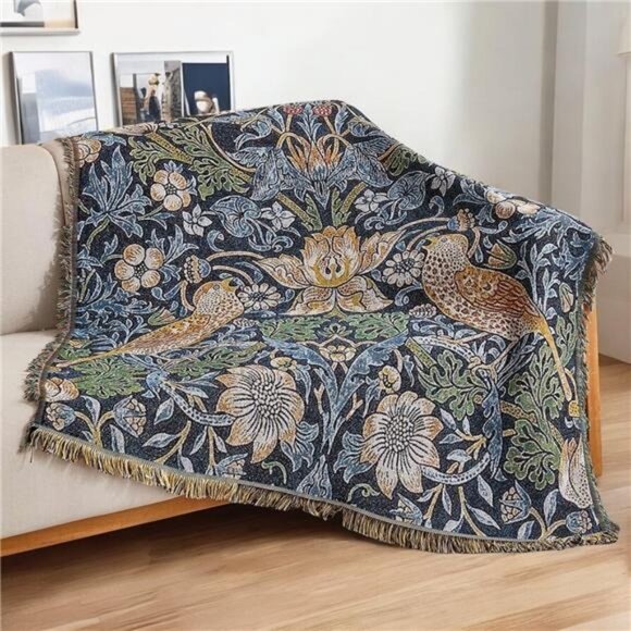 NEW Anthro Boho Blue Floral Bird Tassel Throw Blanket Bedspread Quilt - 50 x 70